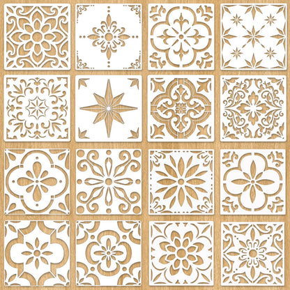 16PCS Floor Tile Stencils Set - 8 x 8 Inch Reusable Mexican Talavera & Spanish & Mandala Stencils for Painting on Floors, Tile, Concrete Patio, Wall, Furniture, Vase, Porch