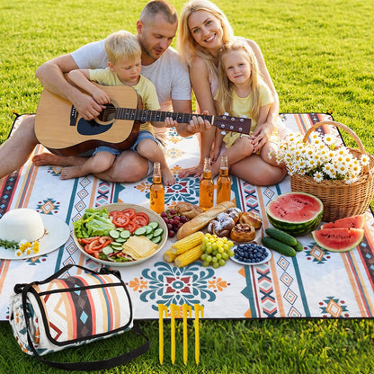 HAUSPROFI Extra Large Picnic Blanket 80"x80" – Waterproof Outdoor Mat for Beach, Camping, Park & Garden, Portable with Carry Strap & 4 Stakes, Machine Washable, Bohemian Pattern