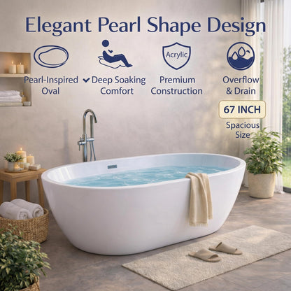 GarveeTech 67"Freestanding Bathtub, Acrylic Deep Soaking Tub, Non-Slip Acrylic Tub with Chrome Overflow and Drain, CUPC Certified, Ergonomic Modern Bath for Bathrooms, Easy-Install