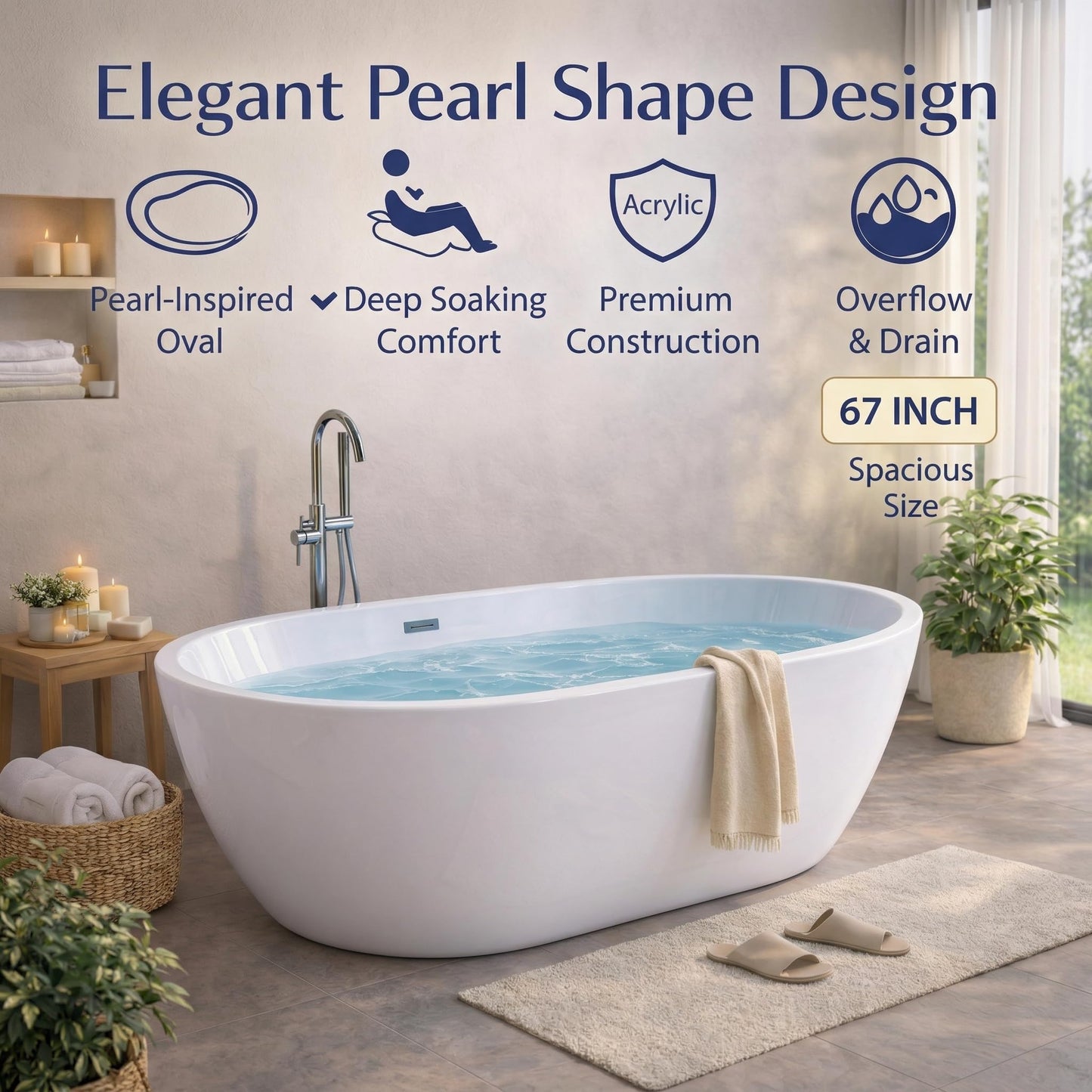Freestanding Bathtub, Acrylic, Deep Soaking, Modern Upright Bathtub with Matte Drain and Black Overflow, Durable Double Wall, Freestanding for Bathroom, 67'', White