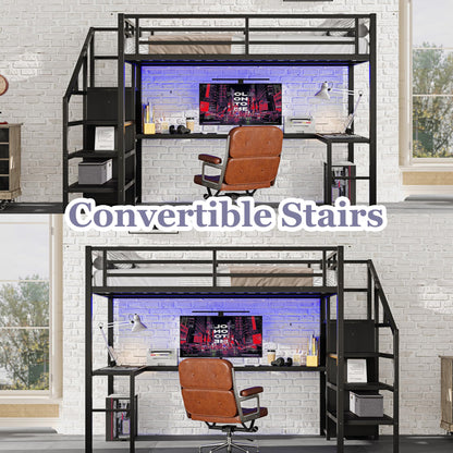 Bellemave Queen Loft Bed with Desk & Wardrobe, Heavy Duty Metal Loft Beds Frame with Storage Stairs, LED Loft Bed Queen Size with Charging Station & Safety Guardrails, No Box Spring Needed, Black