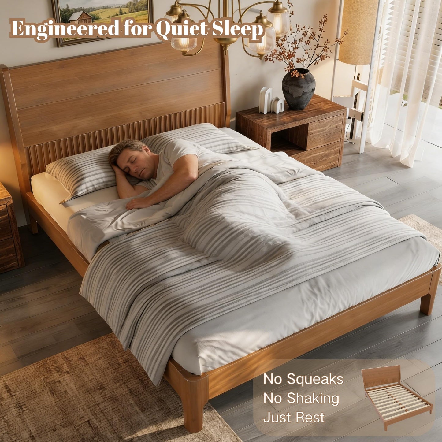 Full Size Platform Bed with Bamboo-made Structure, Mid-century Style Bedframe with Chic Design Headboard, Sustainable Bed Frame Full for Bedroom, No Box Spring Needed & Easy Assembly, Warm Brown