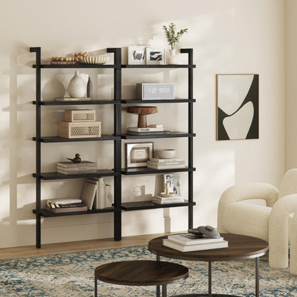 Nathan James Beacon Bohemian 5 Tier Bookshelf, Wall Mounted Bookcase, Solid Wood Bookshelf in Black Oak, Set of 2