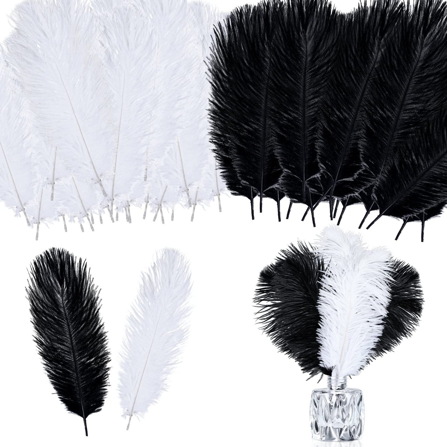 Giegxin 100 Pcs Natural Ostrich Feathers Bulk for Centerpieces 8-10 Inch/ 20-25 cm White Black Ostrich Feathers for DIY Crafts Christmas Wedding Masquerade Party Decorations