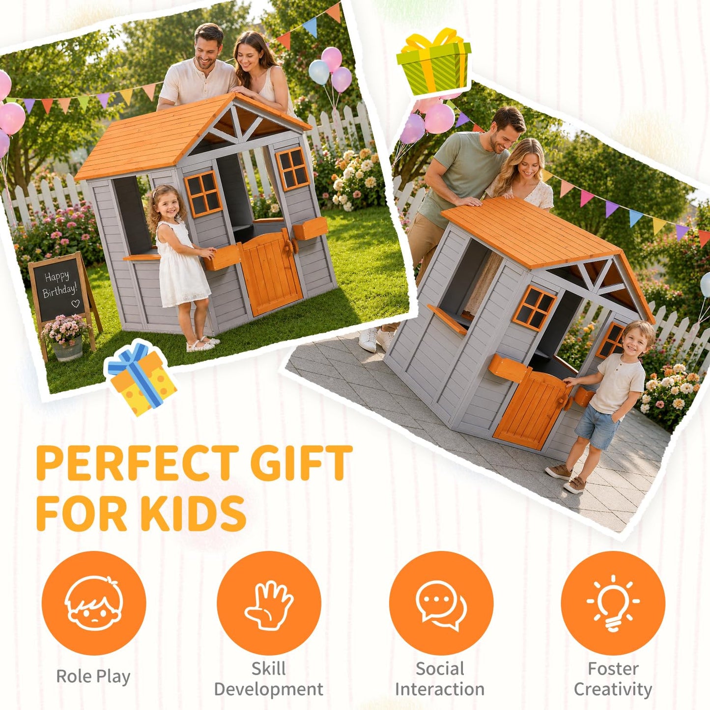 KizzParnrr Wooden Kids Playhouse with Play Kitchen, Half Door Windows, Flowerpot Holders, Toys PlaySet for Backyard Play (Brown and Grey)