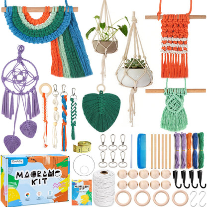 Ecoofor Macrame Kits for Beginners with 366 Feet 3 mm Macrame Cotton Cord, DIY Plant Hanger Kit with Supplies and Instructions, Macrame Beads, Wooden Rings, Dream Catcher Rings