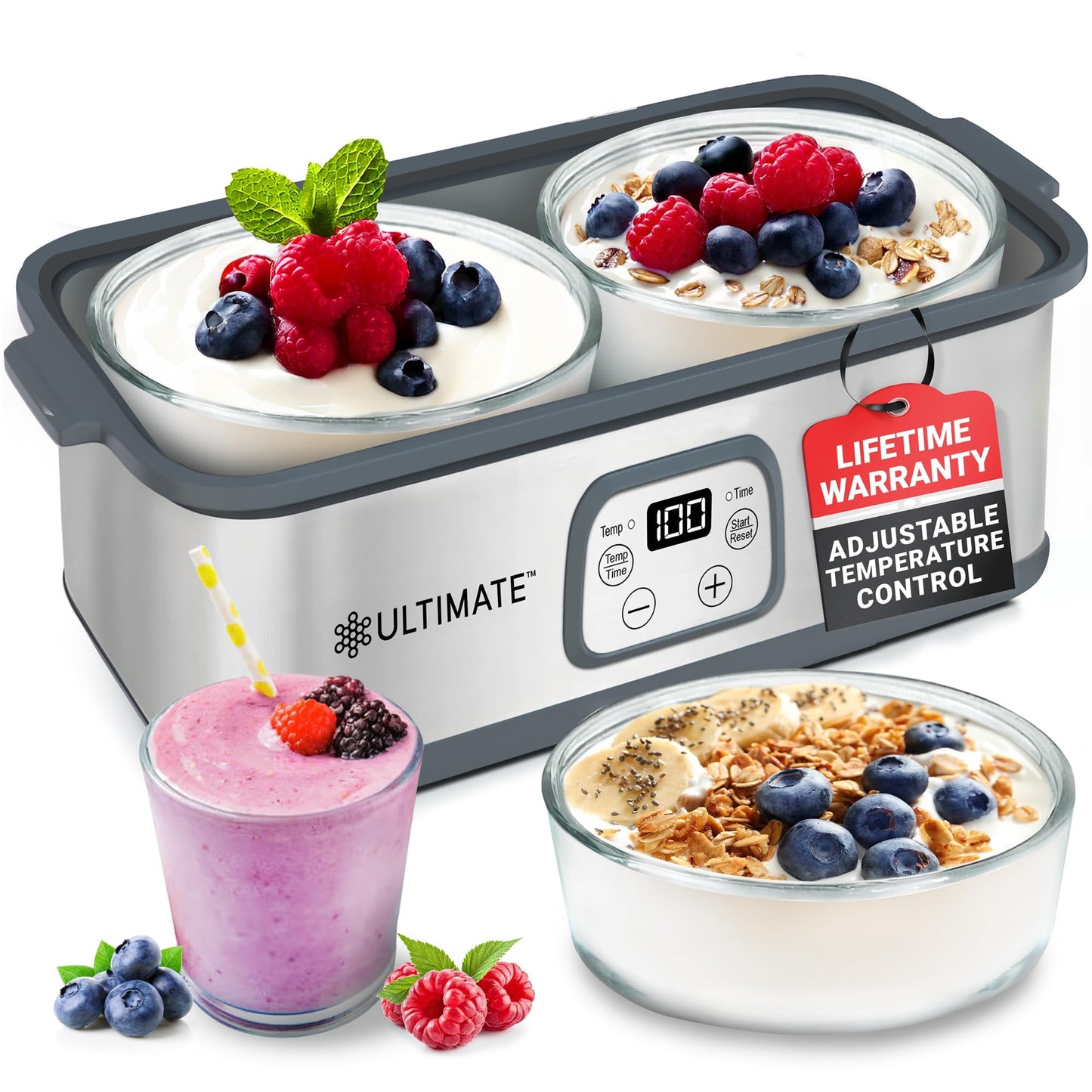 Ultimate Probiotic Yogurt Maker with Adjustable Time & Temperature Control, Make Trillions of Probiotics for Better Gut Health, Two 1-Quart Containers for Larger Batches, ULTIMATE LIFETIME WARRANTY