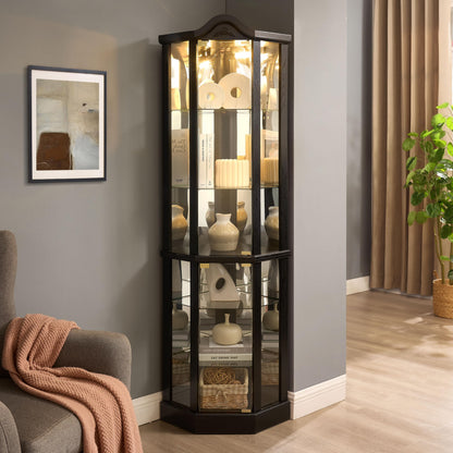 KEIKI 72" Corner Glass Display Cabinet with Adjustable Shelves, for Collectibles, Storage Curio Cabinet with Arched Floral Carving Decoration, 6-Tier Showcase Display Case, for Living Room, Black