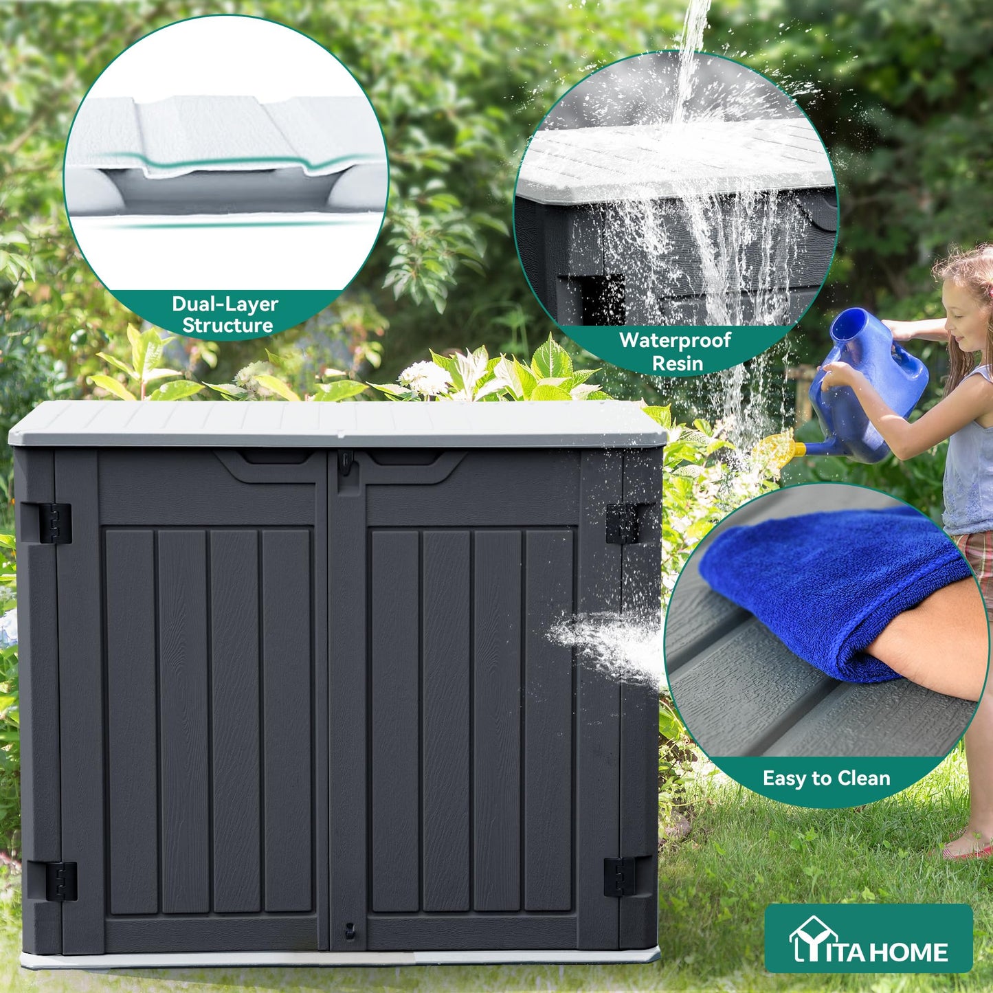 YITAHOME Outdoor Horizontal Storage Sheds w/o Shelf, Weatherproof Resin Tool Shed, Multi-Opening Door for Storage of Bike, Trash Cans, Garden Tools, 35 cu ft, Waterproof, Lockable, Dark Gray