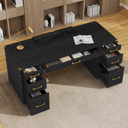Merax 70" Traditional Executive Desk with Metal Edge Trim, Classic Writing Desk with 2 File Drawers, USB Ports and Outlets, Extra-Large Desk with Hidden Compartment for Home Office, Study Room