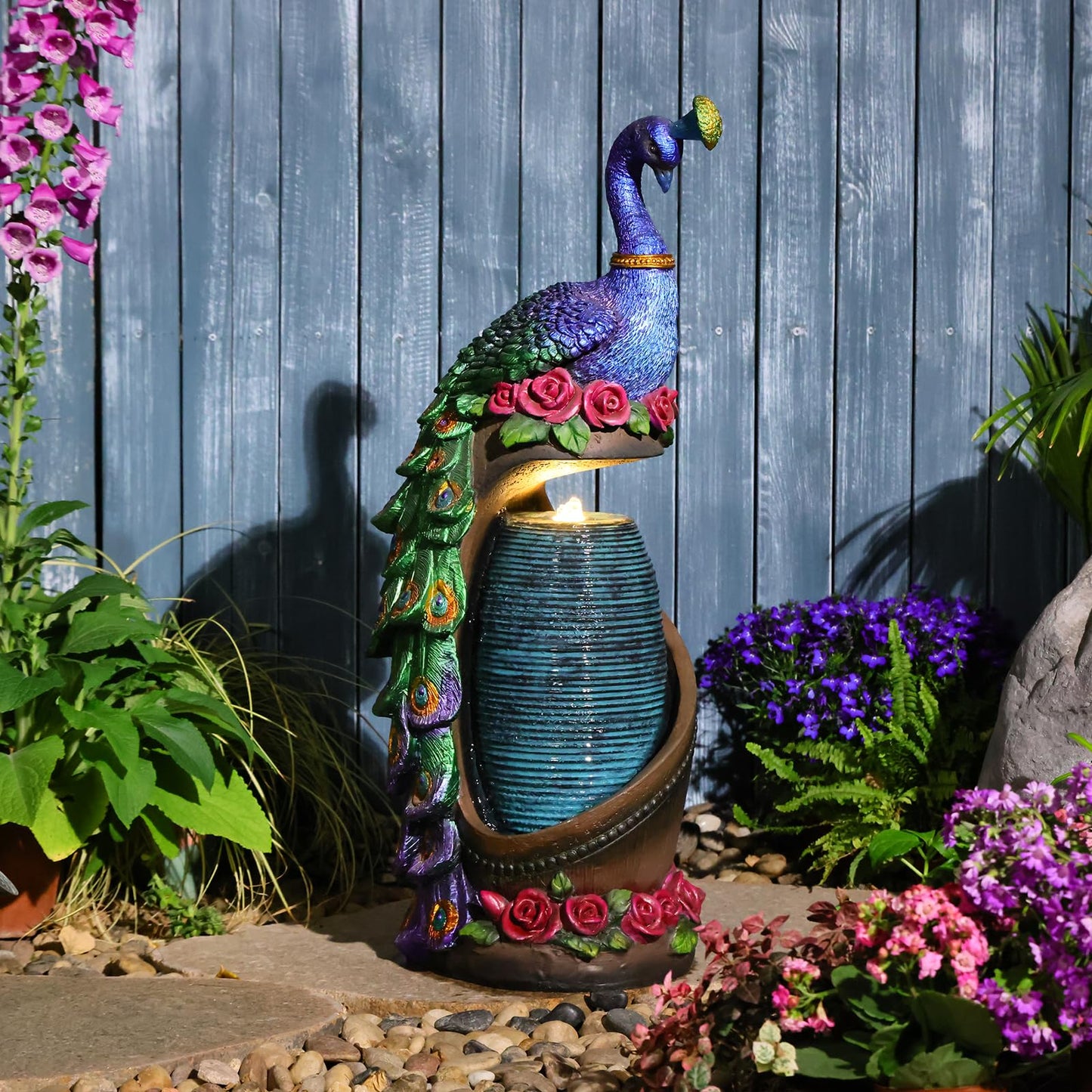 Tankana Outdoor Water Fountain 32" H Cascading Peacock Waterfall Fountain with LED Lights & Pump Tiered Water Feature for Garden, Patio, Backyard, Deck, and Porch Decor