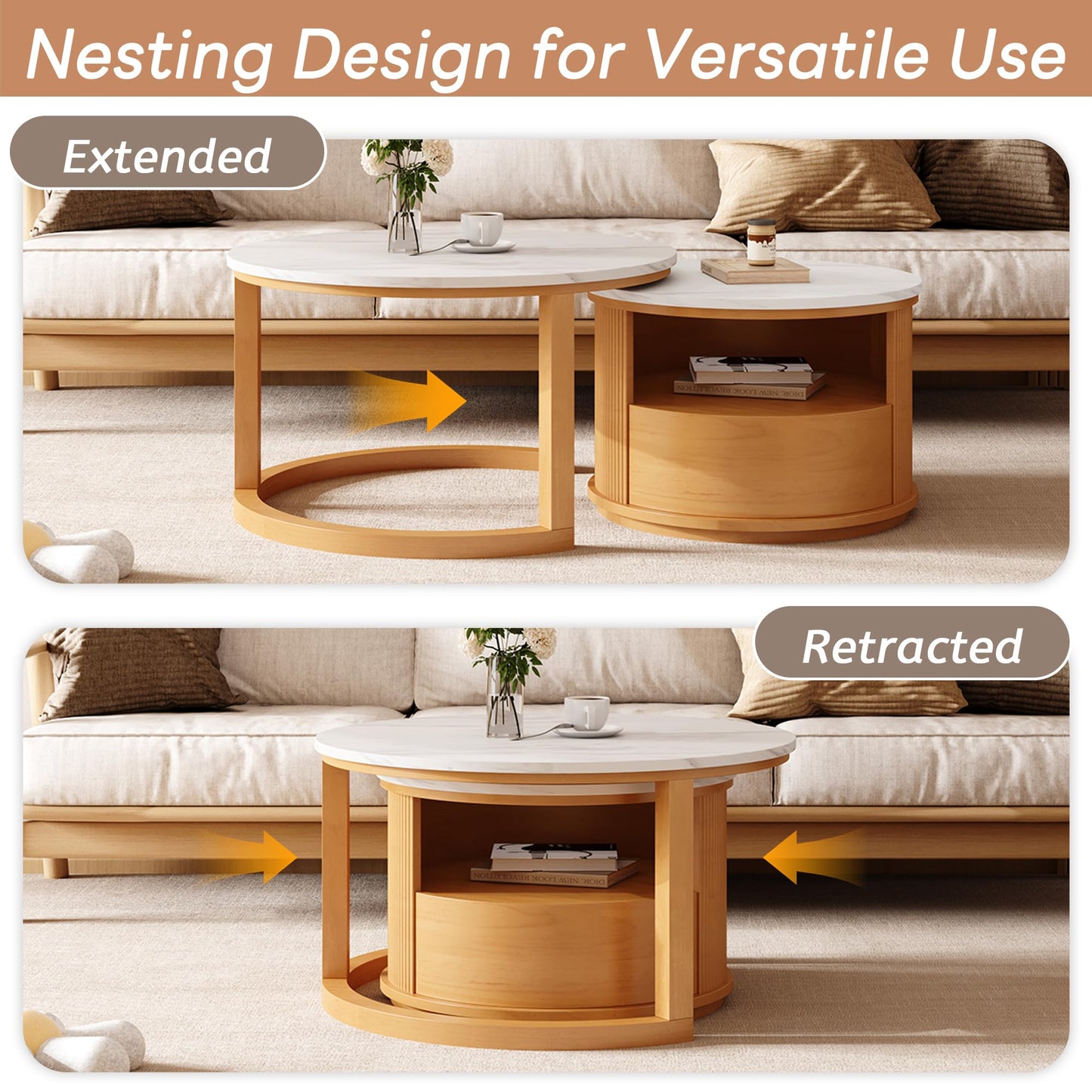 Merax 28.5" Round Nesting Coffee Table Set, Elegant Luxurious White Marble Top, Wood Finish, 2-Tier Storage and 1 Drawer for Living Room Apartment, Natural