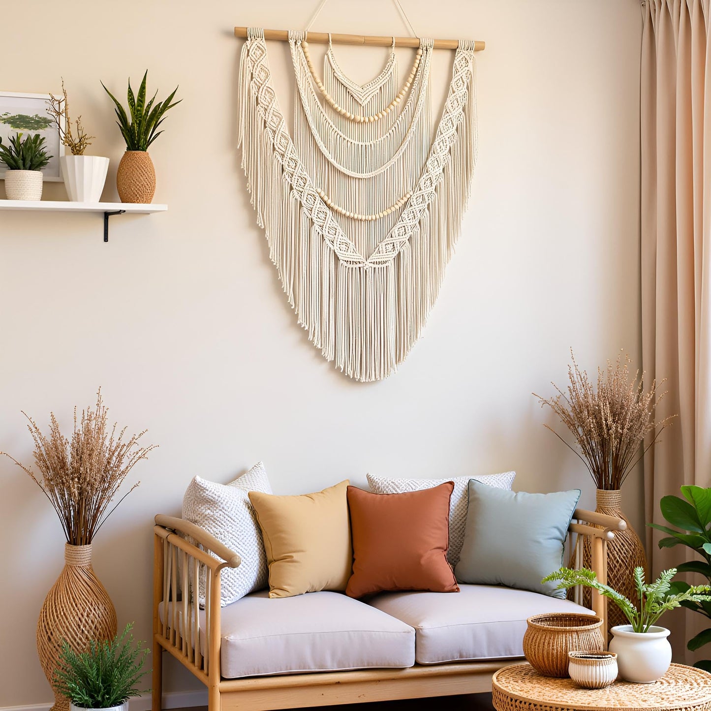 guzhiou Large Macrame Wall Hanging, 27'' W x 36'' L Boho Art Tapestry Wall Decor for Urban entryway,Living Room,Bedroom Decor, headboard Woven, Big Fiber Art Over Couch (Wood Bead)