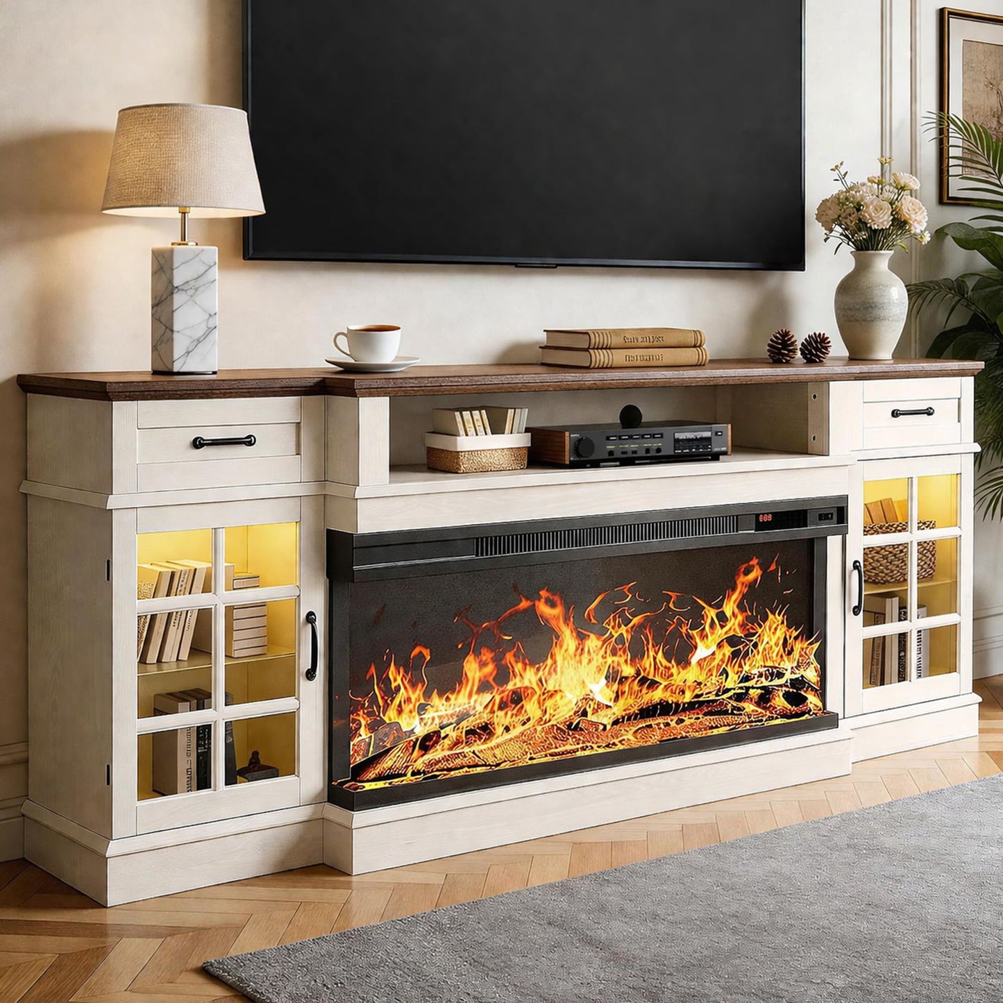 MXV 80" Fireplace TV Stand, 3-Sided Glass Fireplace and Modern Entertainment Center, Wooden Media Console with Glass Doors & Storage Drawers, LED Light, for Living Room, White