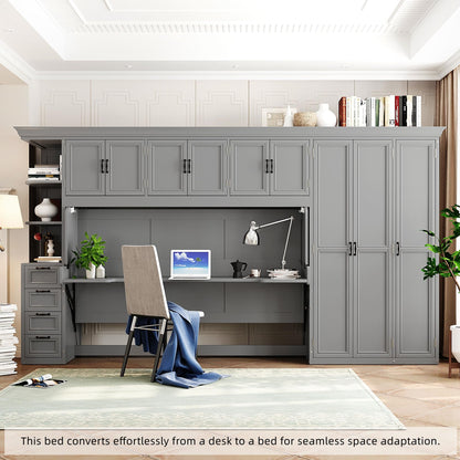 Merax Twin Size Murphy Bed with Desk, Multifunctional Wood Foldable Wall Bed with Wardrobe, Drawers and Cabinet, Space-Saving Hidden Bed for Guest Room Office, No Box Spring Needed, Grey
