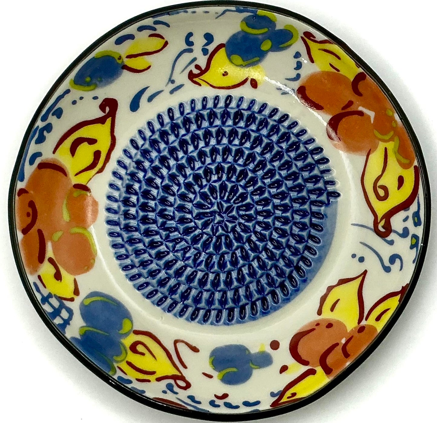BonCera, All-in-one Premium Ceramic Garlic Grater Plate 4-Piece Set - Artisan Flower Blue Center Design - For Garlic, Ginger, Chocolate, and more! - Comes with 5" Plate, Peeler, Brush, and Stand