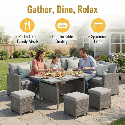 Wisteria Lane 7 Piece Patio Furniture Set, High Curved Back Wicker Patio Sectional, All Weather Outdoor Dining Set, Outdoor Furniture Patio Conversation Set with Ottoman, Ash Gray
