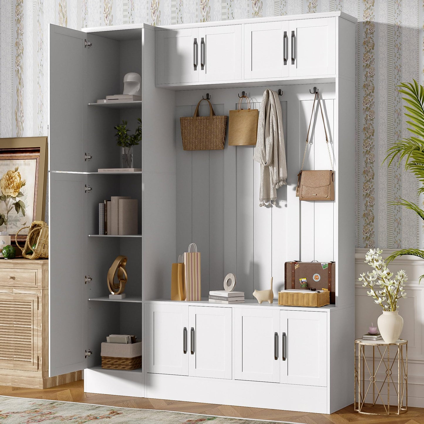 Shaical 79'' Tall Hall Tree with Shoe Storage and Bench, 4-in-1 Mudroom Storage Organizer Coat Rack with 6 Cabinets, 4 Coat Hooks & Adjustable Shelf for Hallway, Entryway, Living Room, White