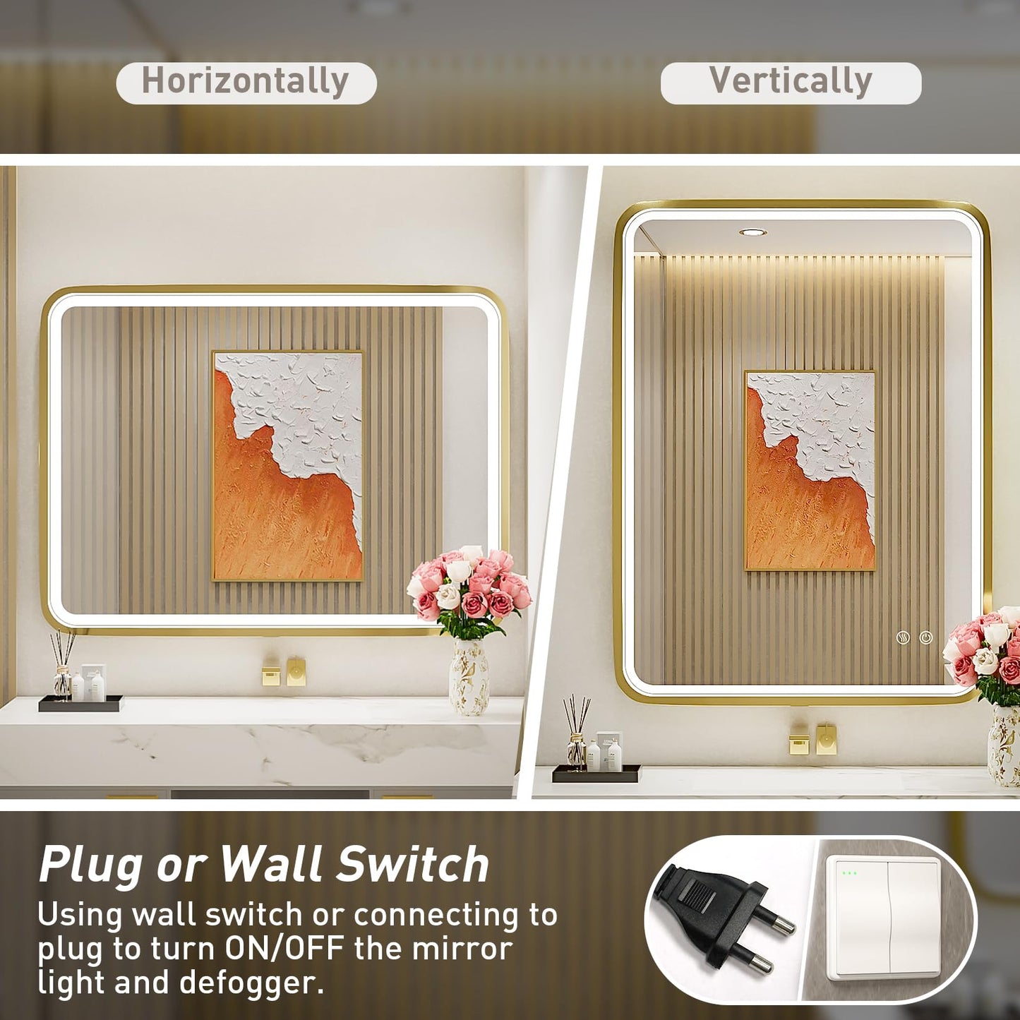FTOTI 28x36 Inch LED Bathroom Mirror with lights,Wall Mounted Lighted Vanity Mirrors with Non-Rusting Gold Metal Frame Anti-Fog Memory Funtion Stepless Dimmable for Bathroom Decor(Horizontal&Vertical)