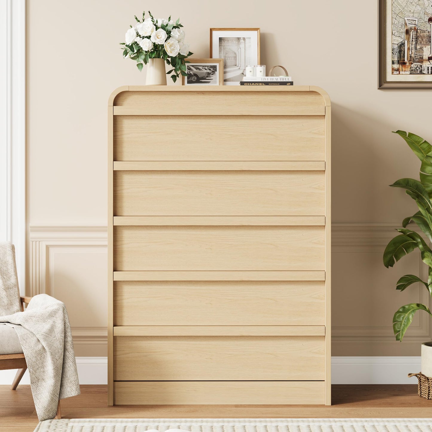 Garvee 5 Drawer Dresser for Bedroom, 45" Tall Wooden Dressers with Curved Profile Design, Mid Century Chest of Drawers Closet Clothes Storage Organizer for Living Room, Entryway, Nursery, Natural