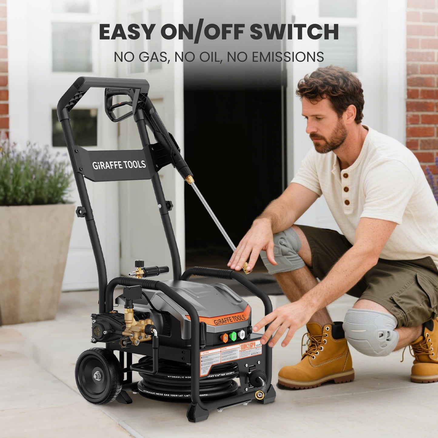 Giraffe Tools Crossfalls Retractable Pressure Washer Ultra, Max 2.6GPM 1650PSI with 1800W Brushless Motor, Wall Mount Electric Power Washer, 4-Nozzle, Automatic Rewind, 50ft Pressure Hoses with Cart