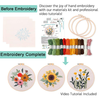 REEWISLY Punch Needle Embroidery Starter Kits for Beginners Flower and Grass Patterns.3Ps Embroidery Hoops,Color Threads,Instructions and Needles,DIY Adults Embroidery, Video Teaching