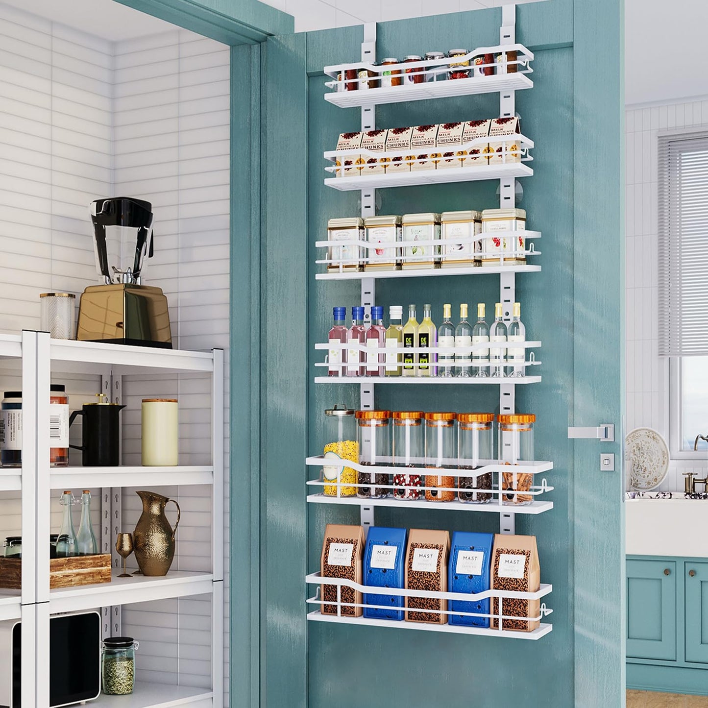 Over The Door Pantry Organizer，9-Tier Over The Door Organizer with Adjustable Basket，Metal Hanging Pantry Organizers and Storage for Kitchen, Back of Door Seasoning Rack