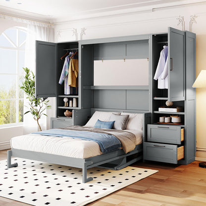 Merax Full Size Murphy Bed with Desk, Closet, Drawers and Shelves, Multifunctional Foldable Wood Platform Bed Frame for Small Spaces Studio Study Office Guest Room, Space-Saving Design, Gray