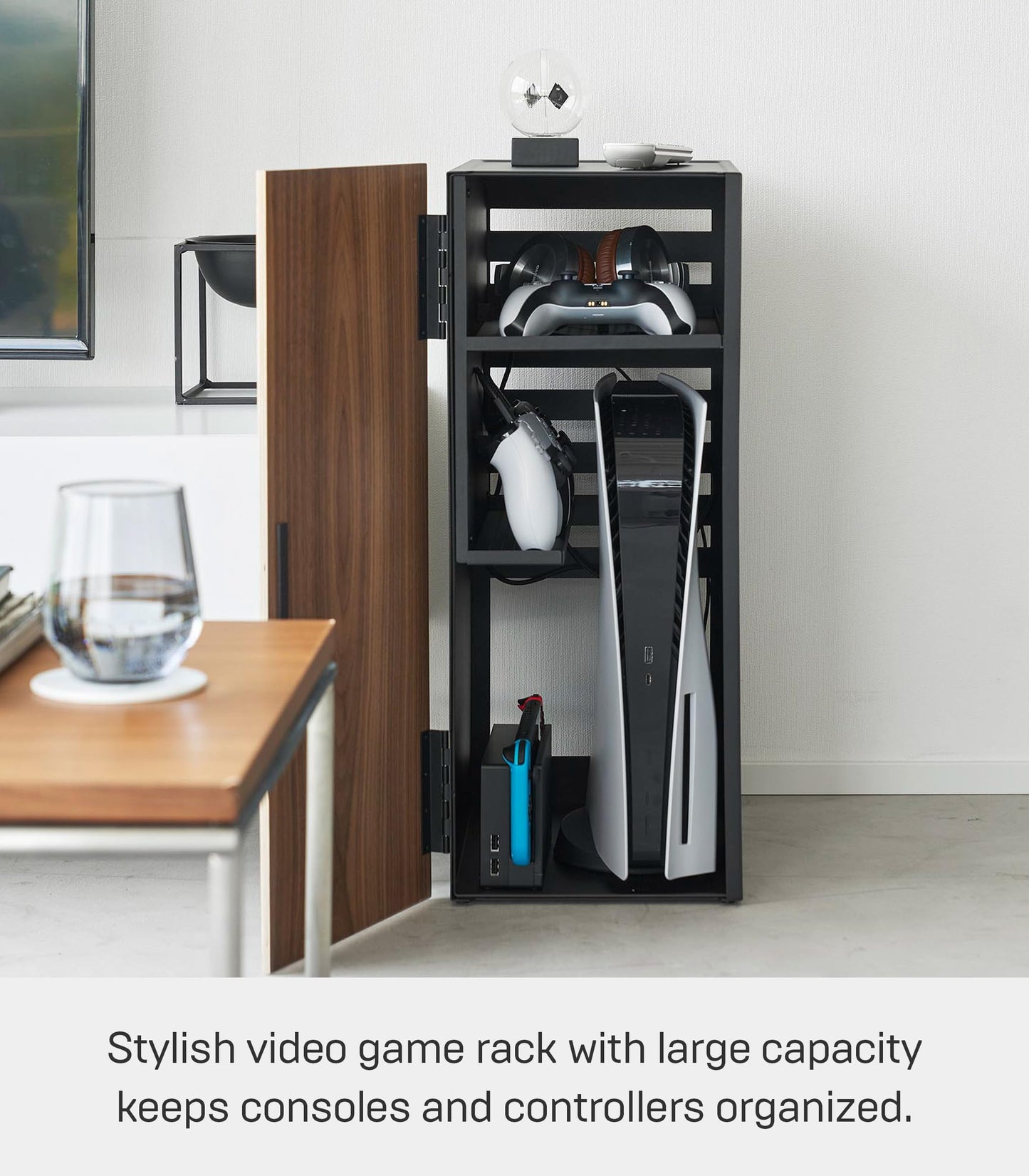 Yamazaki Home Tower Large Capacity Game Console Rack – Organize Controllers, Pull-Out Shelf, Cable Management - Steel