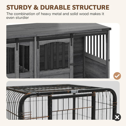 Homiflex Double Dog Crate Furniture with Barn Sliding Doors, 72" Large Dog Kennel Furniture Indoor with Divider for 2 Medium Large Dogs, Heavy Duty Wooden Dog Cage Decorative TV Stand, Grey