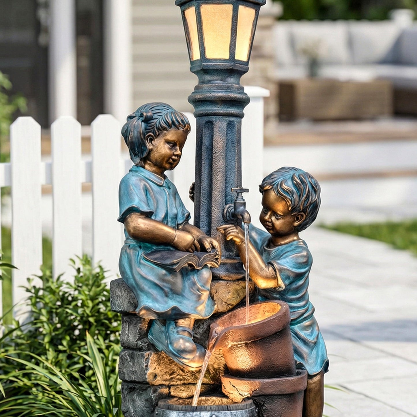 Dalxo 47-Inch Outdoor Water Fountain, 3-Tier Boy and Girl Resin Waterfall Fountain, with Soothing Water Sound & 3 Warm LED Lights, Home Decor for Garden, Patio, Yard, Deck or Lawn in Brown and Blue