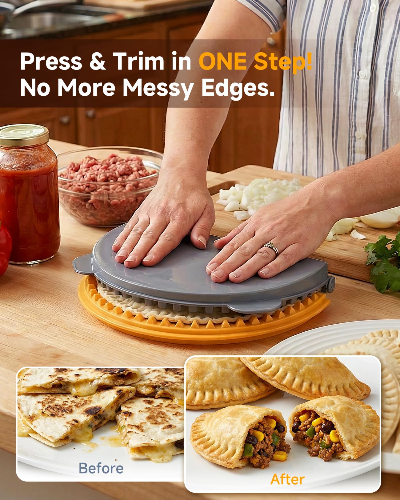 4-in-1 Tortilla Sealer Press, Tortilla Crimper Maker for 4”, 6”, 8”, 10” Wraps, Detachable Shark Tooth Design, BPA-Free, Dishwasher Safe, Suitable for Making Sealed Quesadilla, Taco, Burrito, Dumpling