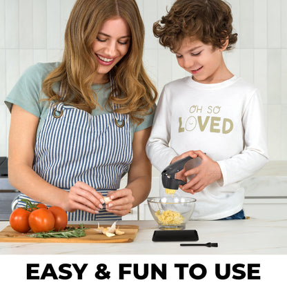 Zulay Kitchen Large Premium Garlic Press Set – Rust Proof & Dishwasher Safe, Bigger Bowl Garlic Mincer Tool with Silicone Garlic Peeler & Brush, Easy Squeeze & Clean, Ergonomic Handle - Black