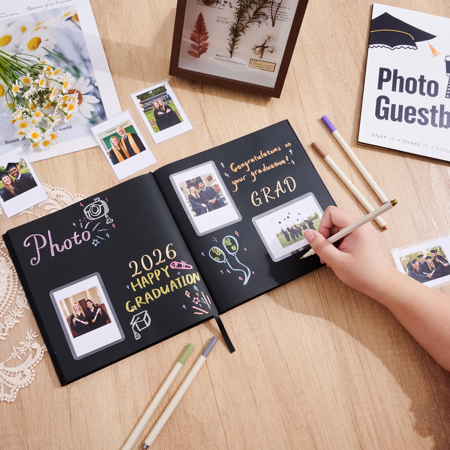 LawnIdyll 2026 Graduation Guest Book with Photo Sign Metallic Pens Stickers 144 Pages Class of 2026 Scrapbook Album Gift Memory Book for High School College Graduation Party Supplies (Black)