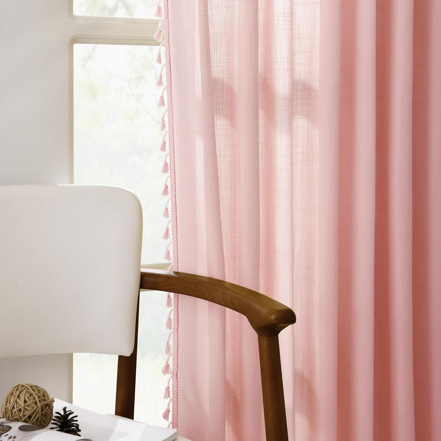 84 Inches 2 52X84 Pink Boho Linen Curtains for Girls Bedroom Nursery Room Long Panels Bohemian Drapes with Tassels Kids
