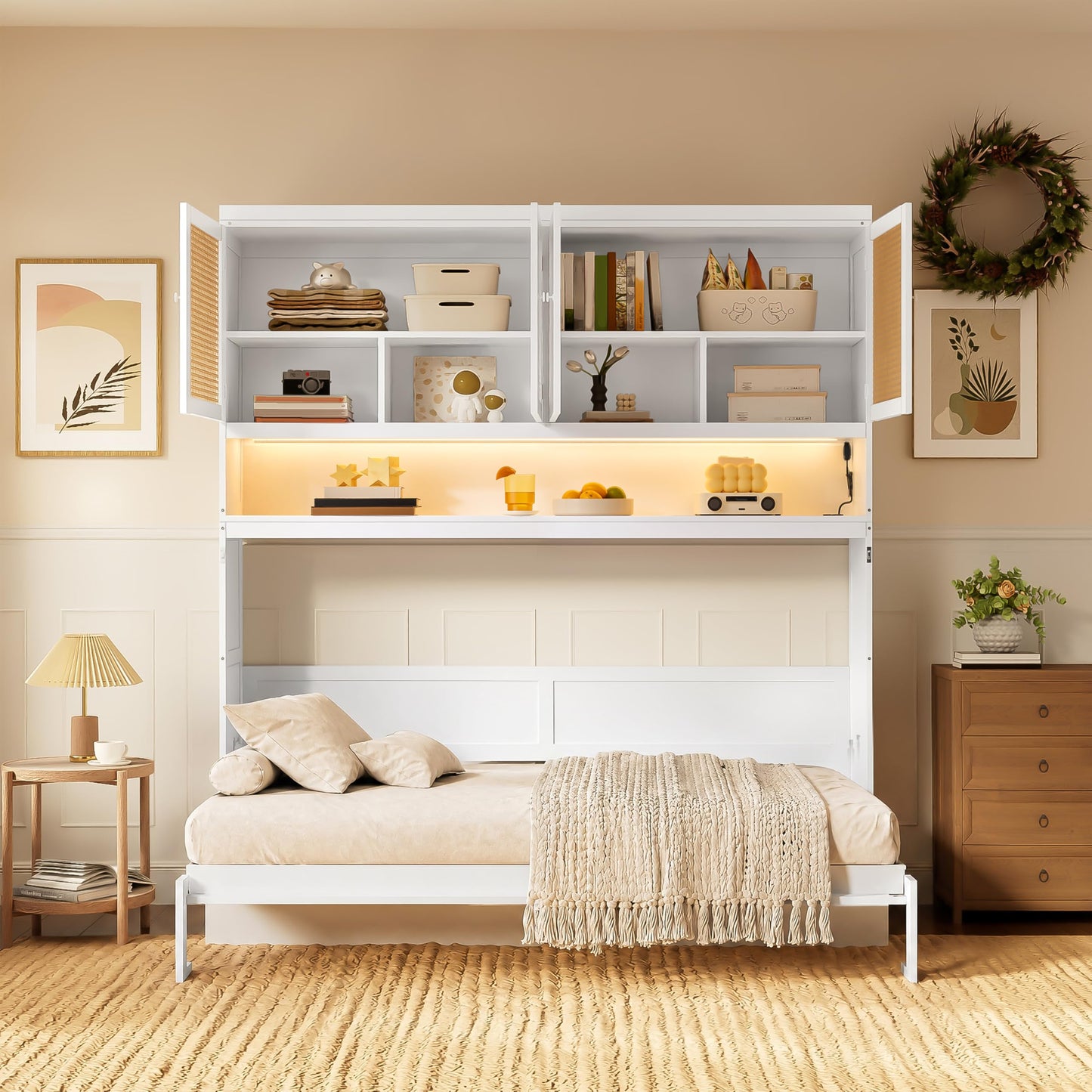 Merax Twin Murphy Bed Frame with Top Cabinet, Multi Storage Shelves & 4 Ratten Doors, 2-in-1 Bed Desk Space Saving Foldable Wall Bed with Light & USB Charging Ports, White