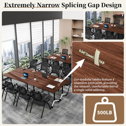 Modular Folding Conference Table with Wheels,8 Pack Mobile Conference Room Tables,Filp Top Rolling Meeting Training Tables for Office,Classroom,Library,Seminar,Boardroom,school(8pack,Walunt,71in)