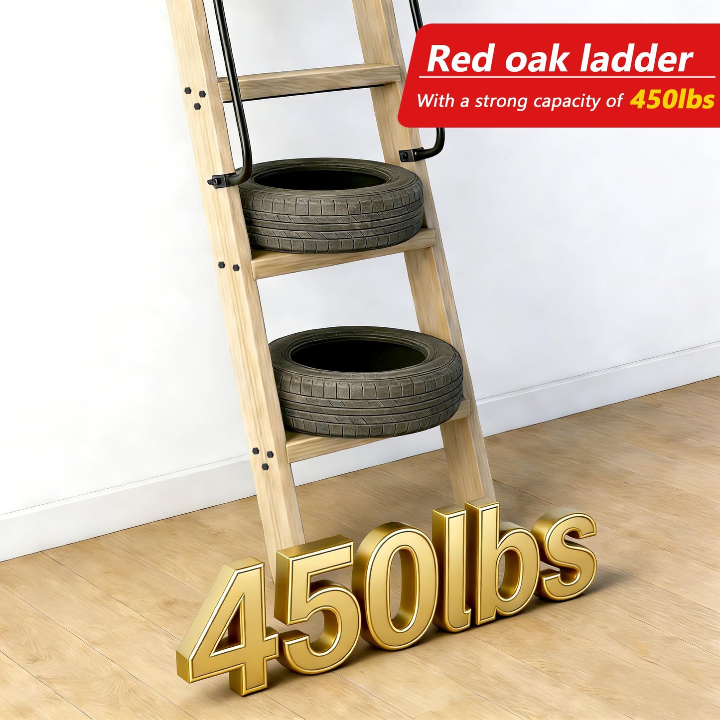 104RDHOUSE 96in Attic Rolling Library Ladder, 8 Step Wooden Ladder with,Loft Ladder Bookshelf,Wall Stairs Red Oak Stair Platform Bunkbed Ladder,for Home Kitchen,Warehouses,Bookstore,DIY Stain
