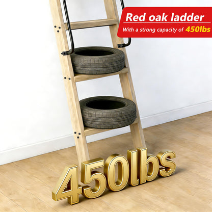 104RDHOUSE 108in Attic Rolling Library Ladder, 9 Step Wooden Ladder with,Ladder Bookshelf,Wall Stairs Red Oak Stair Platform Bunkbed Ladder,for Home Kitchen,Warehouses,Bookstore,DIY Stain