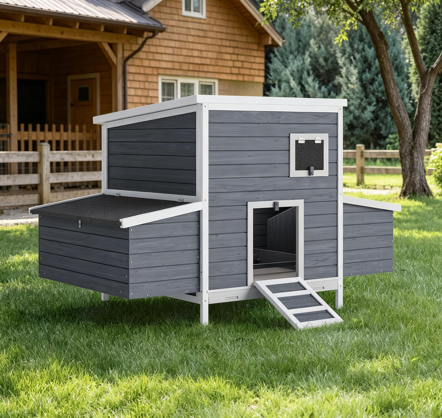 GarveeTech Wooden Chicken Coop with Nesting Boxes & Lockable Doors, Outdoor Chicken House, Weatherproof Roof Pet Cage for Guinea Pig, Rabbit, Duck - 62.2x38.6x38.6 in