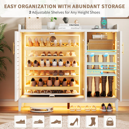 Vlsrka 6 Tier Shoe Storage Cabinet with Shutter Doors and Adjustable Shelves, Rotating Shoe Organizer Cabinet with Human Sensor Lighting, Wooden Shoe Cabinet for Entryway, Hallway, Living Room, White