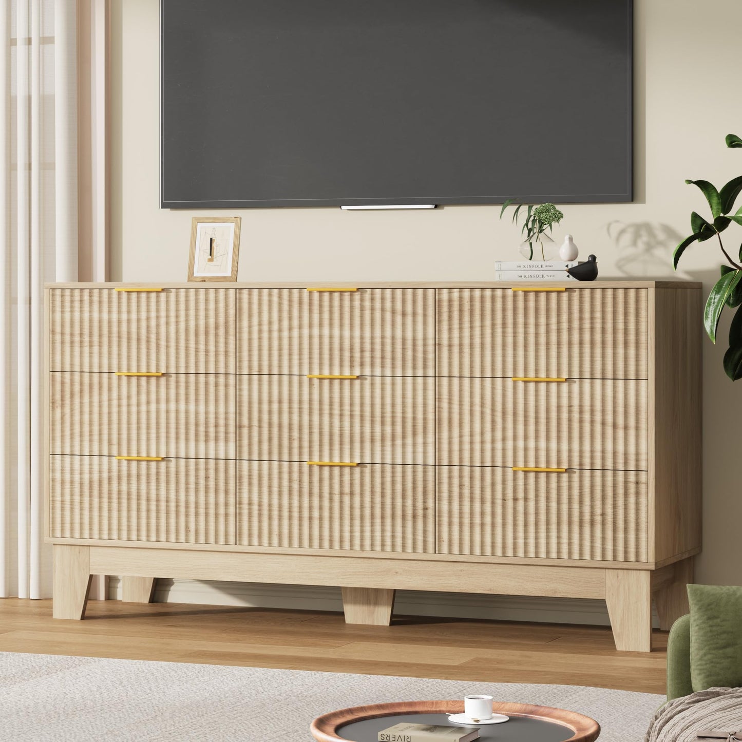 Garvee 9 Drawer Dresser for Bedroom, 59" Wide Fluted Chest of Drawers with Metal Handle, Modern Wooden Dresser TV Stand, Clothes Storage Organizer Wood Closet for Hallway, Entryway, Natural Oak