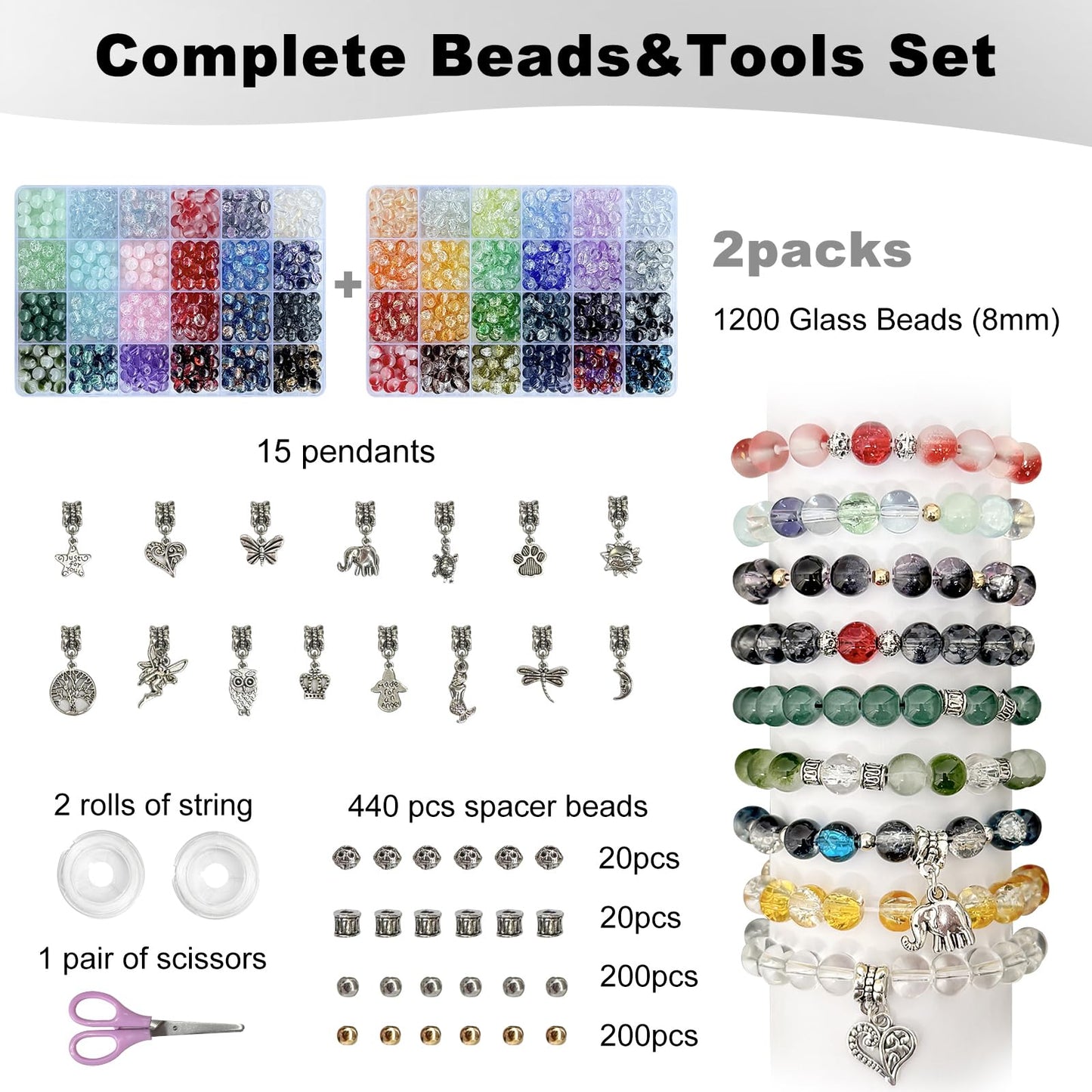 Rujiaoa Bracelet Making Kit for Adults – 8mm Crackle Glass Beads Set, 1200PCS DIY Beads for Jewelry Making & Gifts