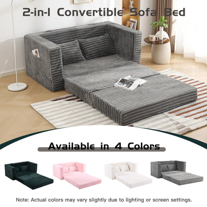 Welnow Double Convertible Sofa Bed with Multi-Function Triangle Ottoman, 59" Boneless 2-in-1 Foldable Loveseat Couch, Fold-Out Sleeper Lounge for Small Apartments, Dorms, Guest Rooms, Grey