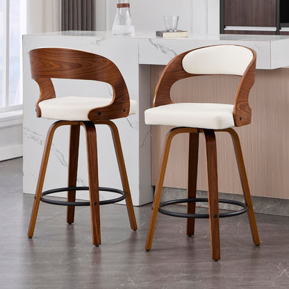 VipDesk Swivel Bar Stools Set of 2, Walnut Counter Height Bar Stools with Back and Arms, 26" Modern Faux Leather Upholstered Bar Chairs with Bentwood Frame for Kitchen Island Bar - White