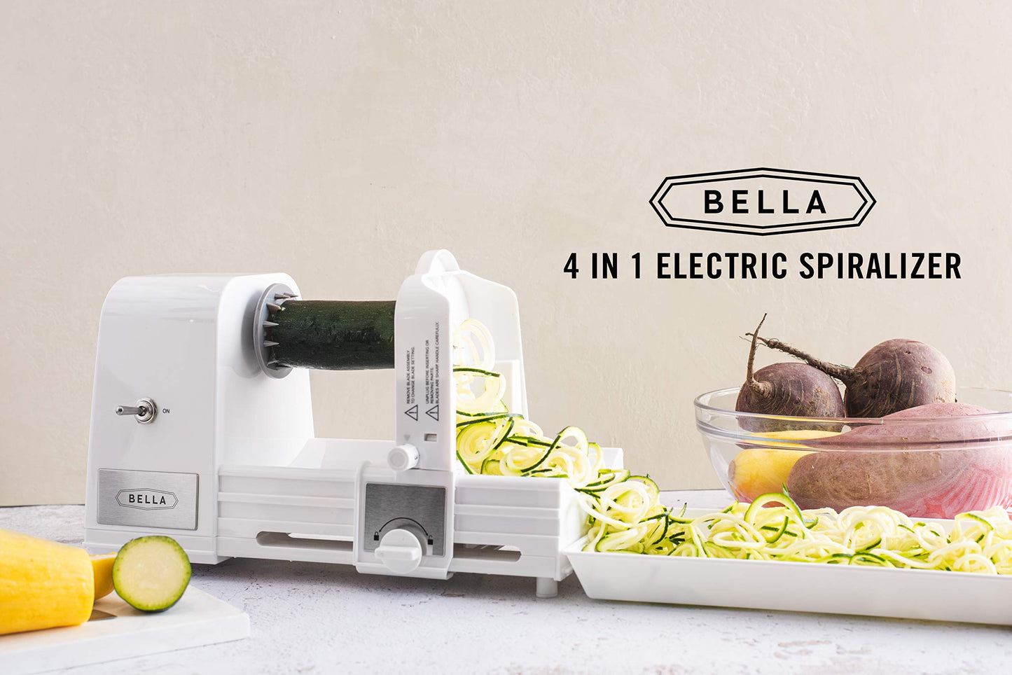 BELLA 4-in-1 Automatic Electric Spiralizer & Slicer, Quickly Prep Healthy Veggie or Fruit Spaghetti, Noodles or Ribbons, Easy To Clean, Recipe Book Included, White, 14641