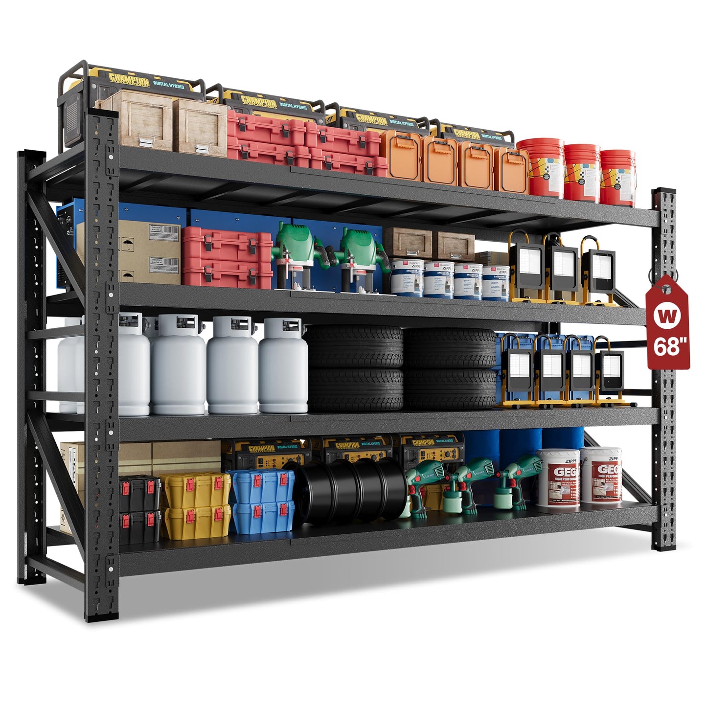 68" Wide Industrial Storage Shelves, 8000LBS Garage Shelving Heavy Duty, Standing Shelf Units, 4 Tier Metal Adjustable Storage Shelving Rack for Shop Warehouse Basement, 68'' W x 24''D x 63.5'' H