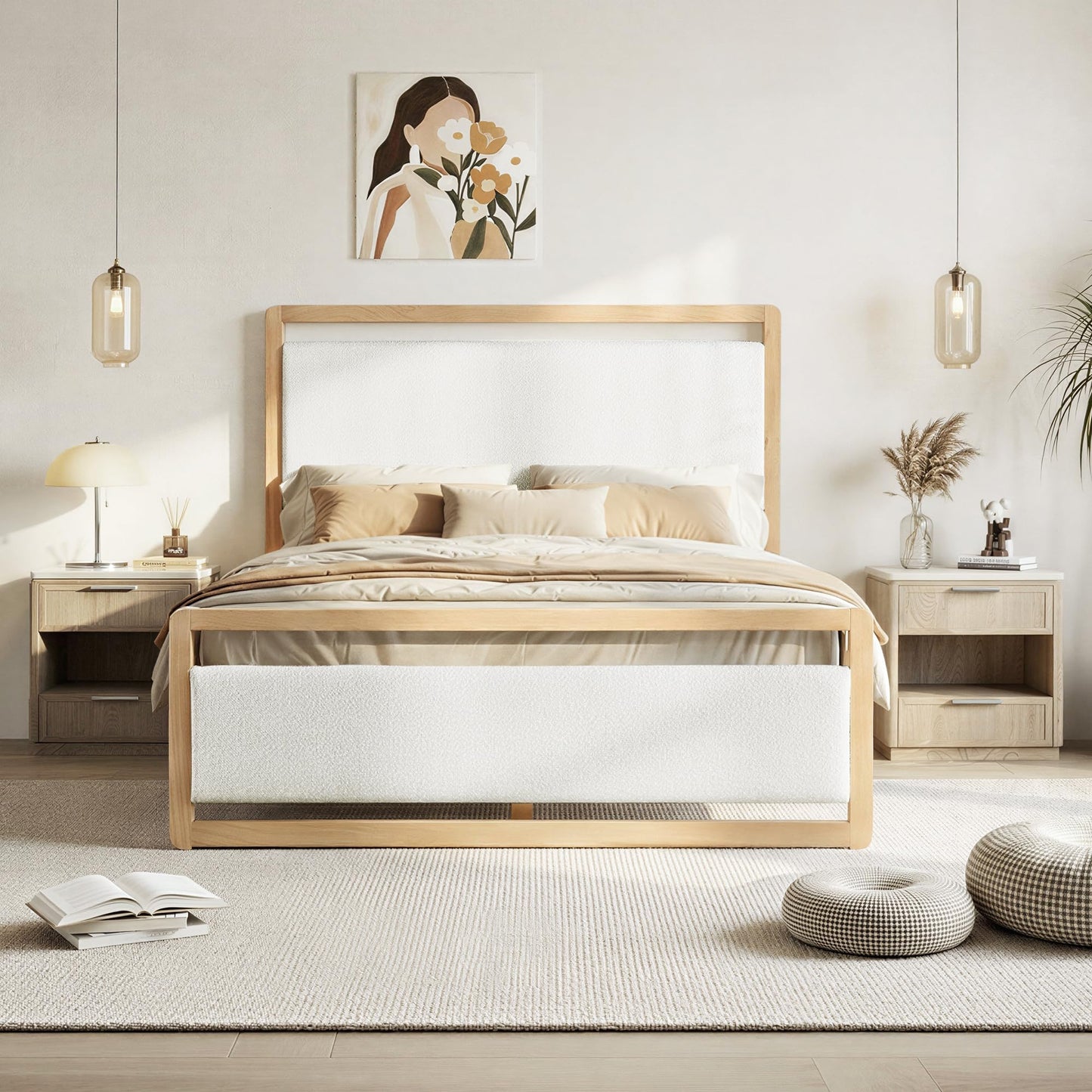 KISLOT Queen Wood Platform Bed Frame with Boucle Upholstered Headboard, Mid-Century Modern Bed with USB Charging Station, Solid Wood Slat Support, Noise-Free, No Box Spring Needed, Natural