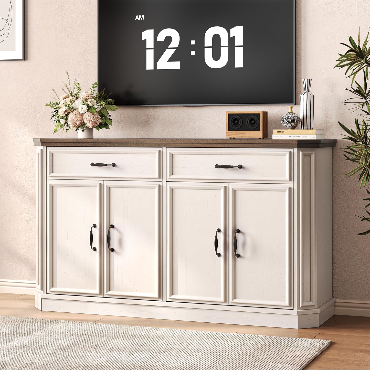 ONBRILL 55" Sideboard Buffet Cabinet with 2 Storage Drawers & 4 Doors, Modern Kitchen Sideboards and Buffets with Adjustable Shelves, Wood Coffee Bar Cabinet for Living Room, Entryway, Off-White