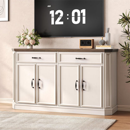 ONBRILL 55" Sideboard Buffet Cabinet with 2 Storage Drawers & 4 Doors, Modern Kitchen Sideboards and Buffets with Adjustable Shelves, Wood Coffee Bar Cabinet for Living Room, Entryway, Off-White